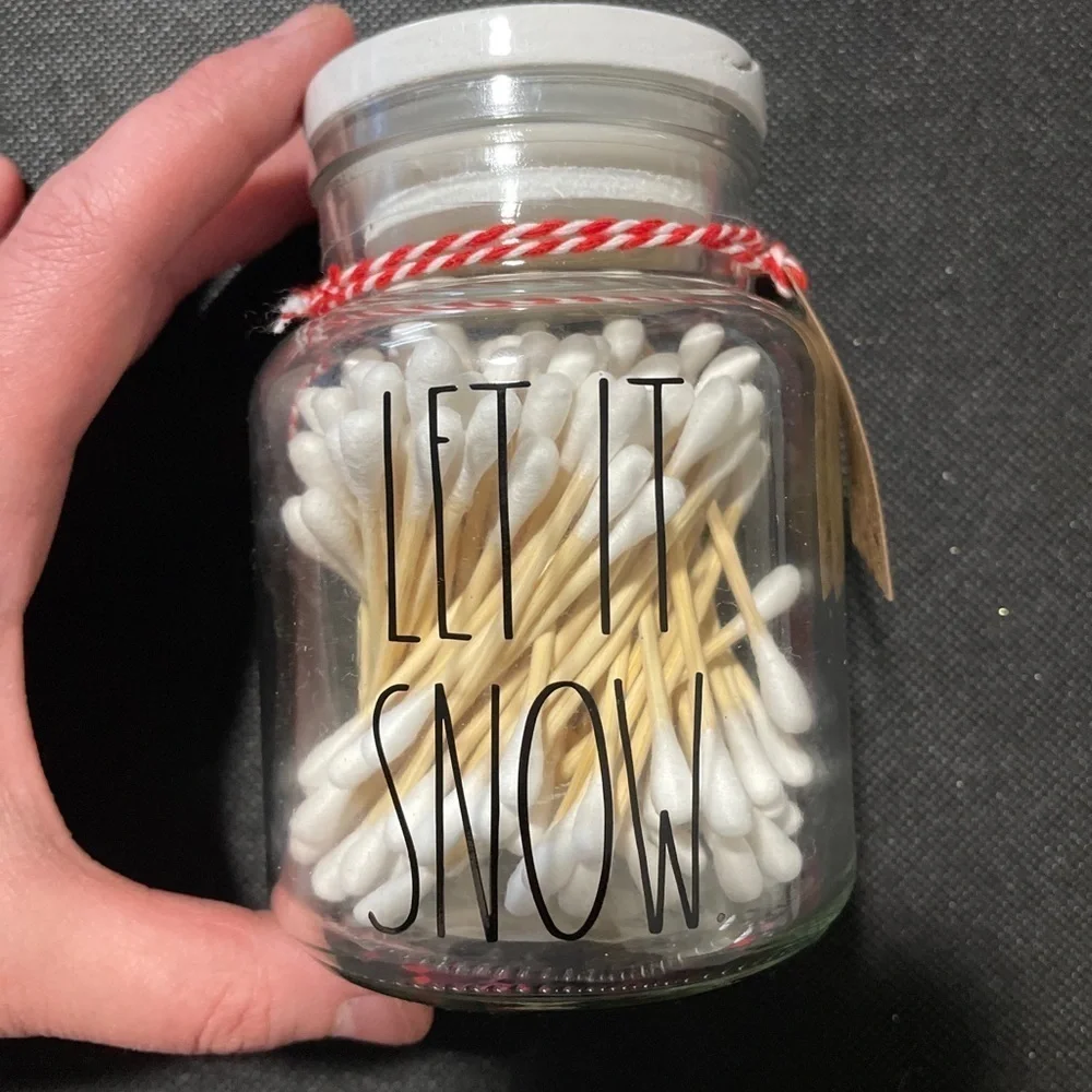 New! Rae Dunn Christmas 2021 Let It Snow Cotton Swab Jar White Lid
